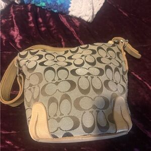 Coach Canvas Shoulder Bag in Khaki and Tan Leather Trim